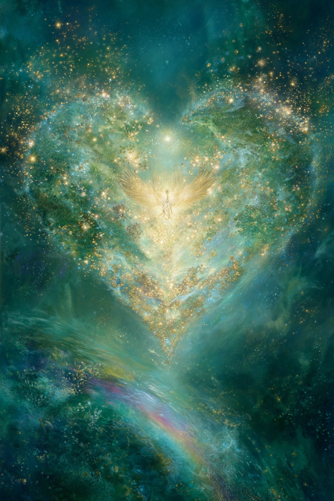 O inima verde, aurie, compusa din fascicule de lumina. Un inger se afla in centru.