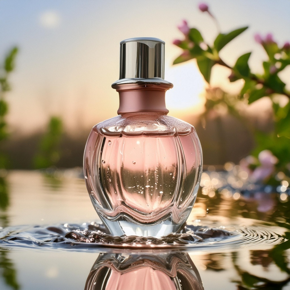 O sticla de parfum asezata pe o suprafata umeda, in gradina.