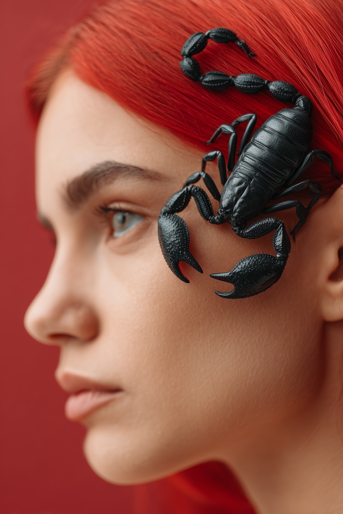 O femeie cu par rosu are un scorpio pe obraz