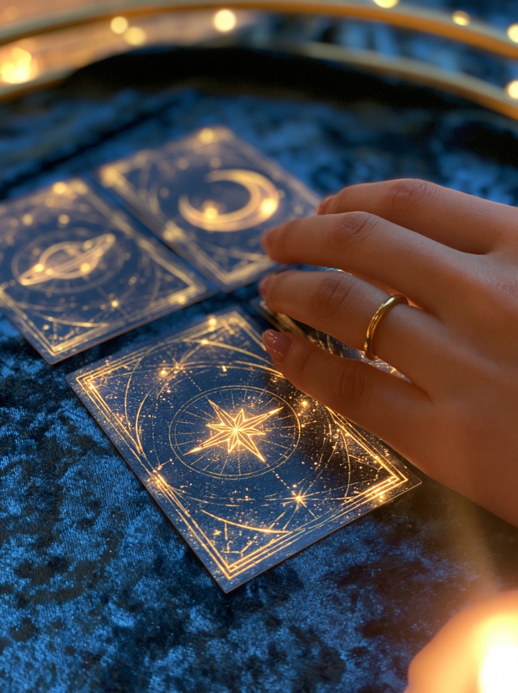 Mana unei femei deasupra a 4 carti de Tarot