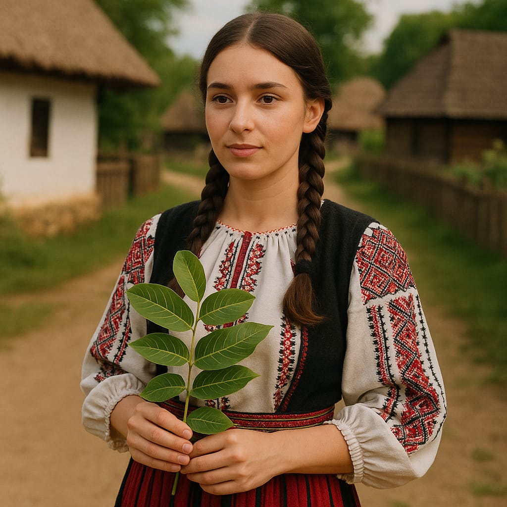 femeie din romania cu frunze de nuc in mana sarbatoreste inaltarea domnului