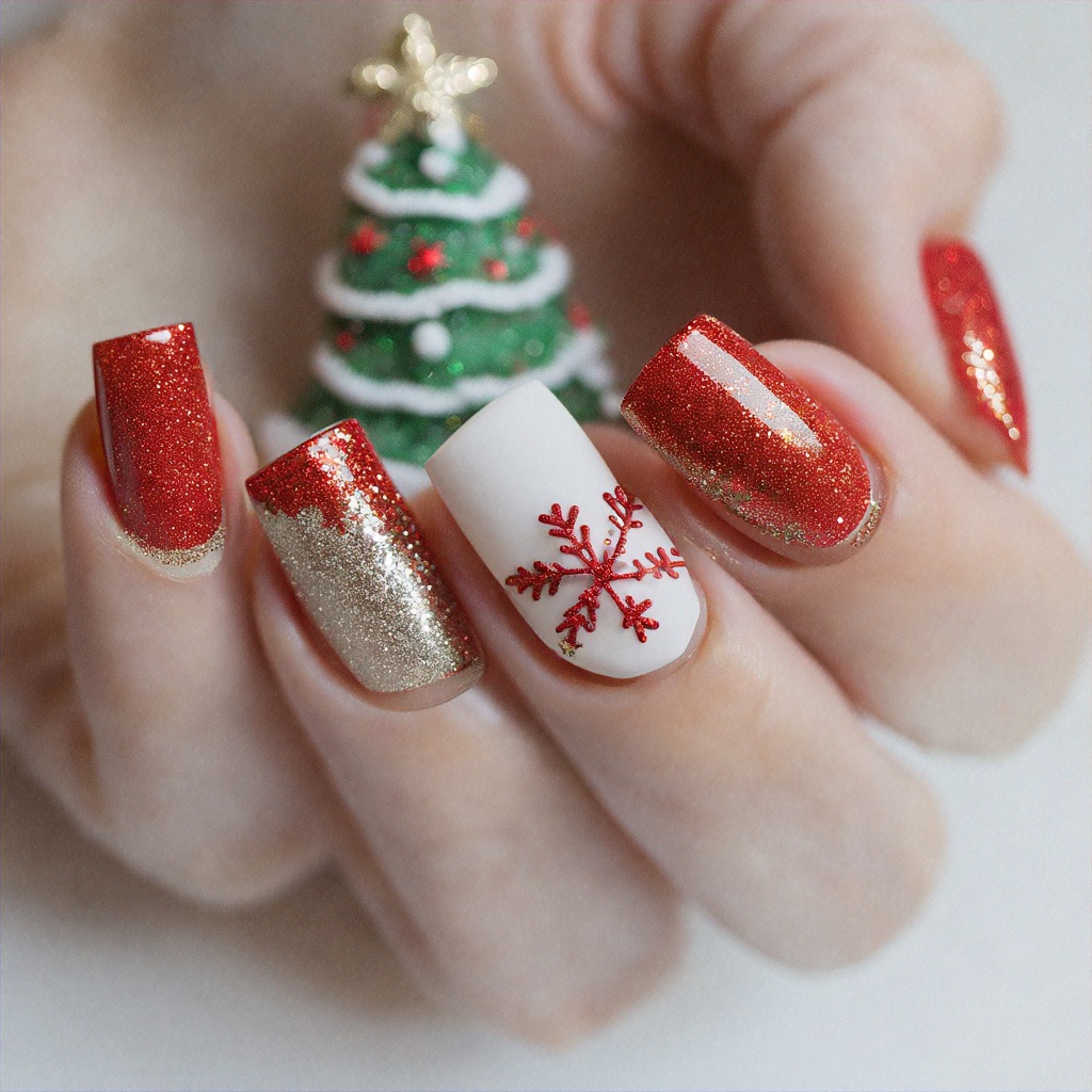Unghii de Craciun rosii cu accente aurii