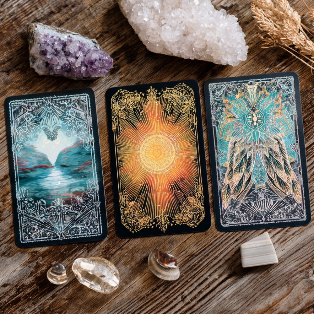 Trei carto de Tarot asezate pe o suprafata lemnoasa pe care se afla diferite cristale