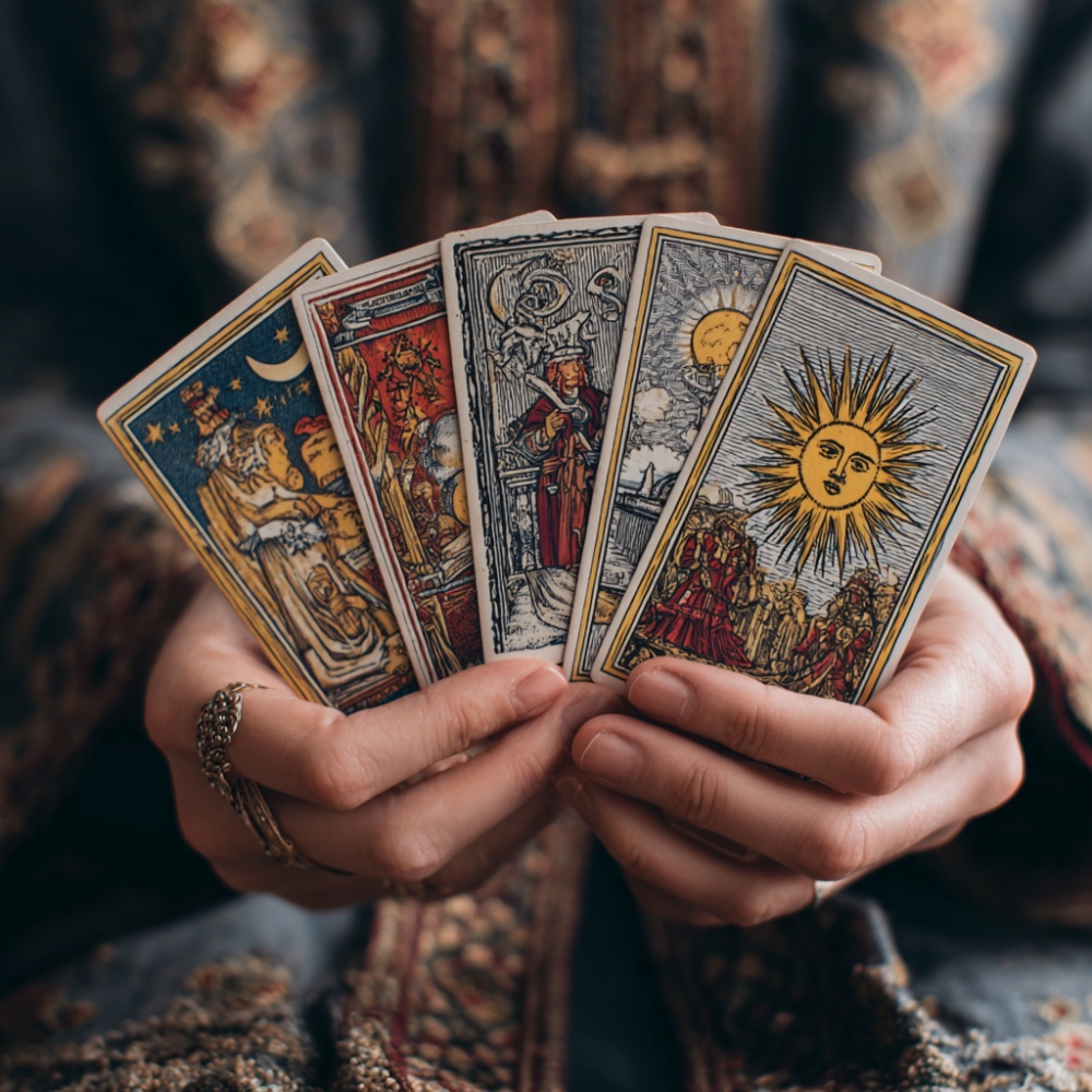 Mainile unei persoane tin mai multe carti de Tarot