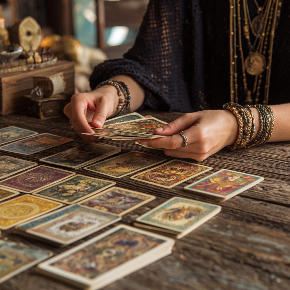 O femeie citeste in carti de Tarot etaland arcanele pe o masa.