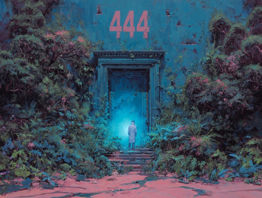 O persoană în fața unei uși înalte deasupra căreia scrie 444 cu roz. Fundalul imaginii este albastru.