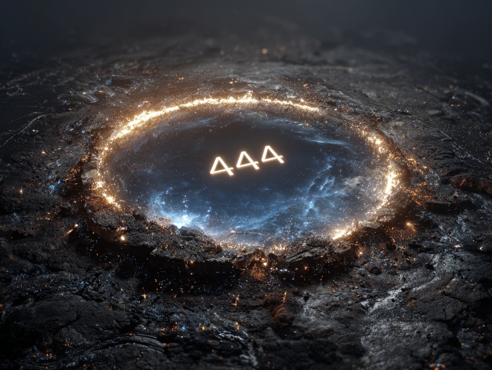 O reprezenare a numărului 444 înscris într-un cerc lumino trasat pe pământ. Atmosferă mistică.