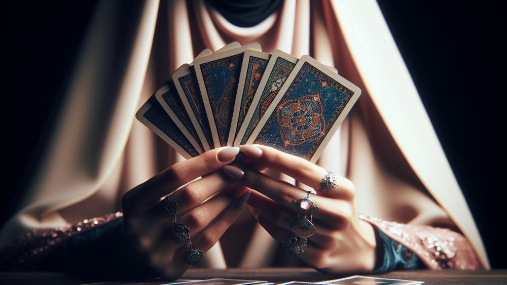 Mainile unei femei in care se afla carti de Tarot