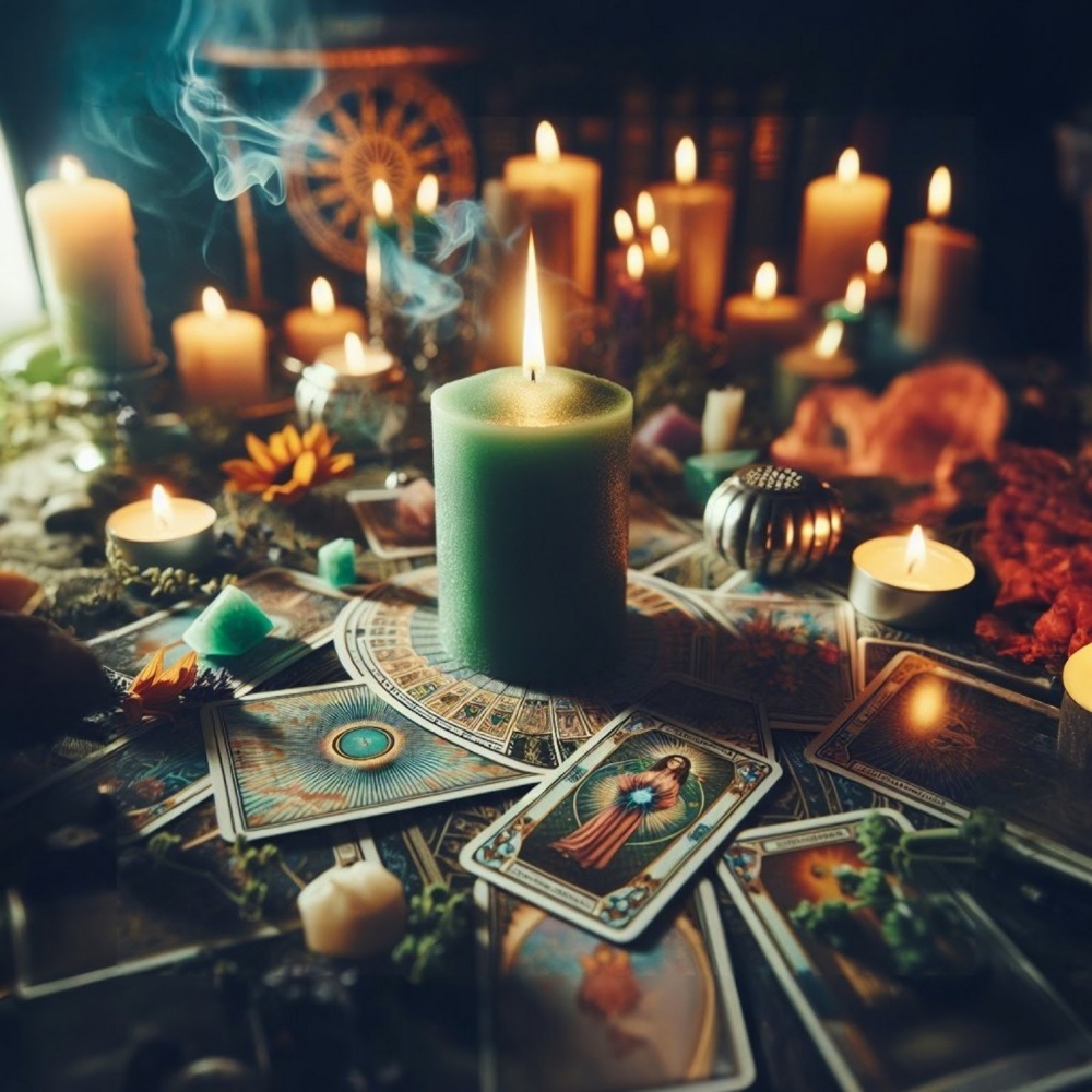 O masa pe care se afla mai multe carti de Tarot, lumanari si cristale, intr-o atmosfera mistica
