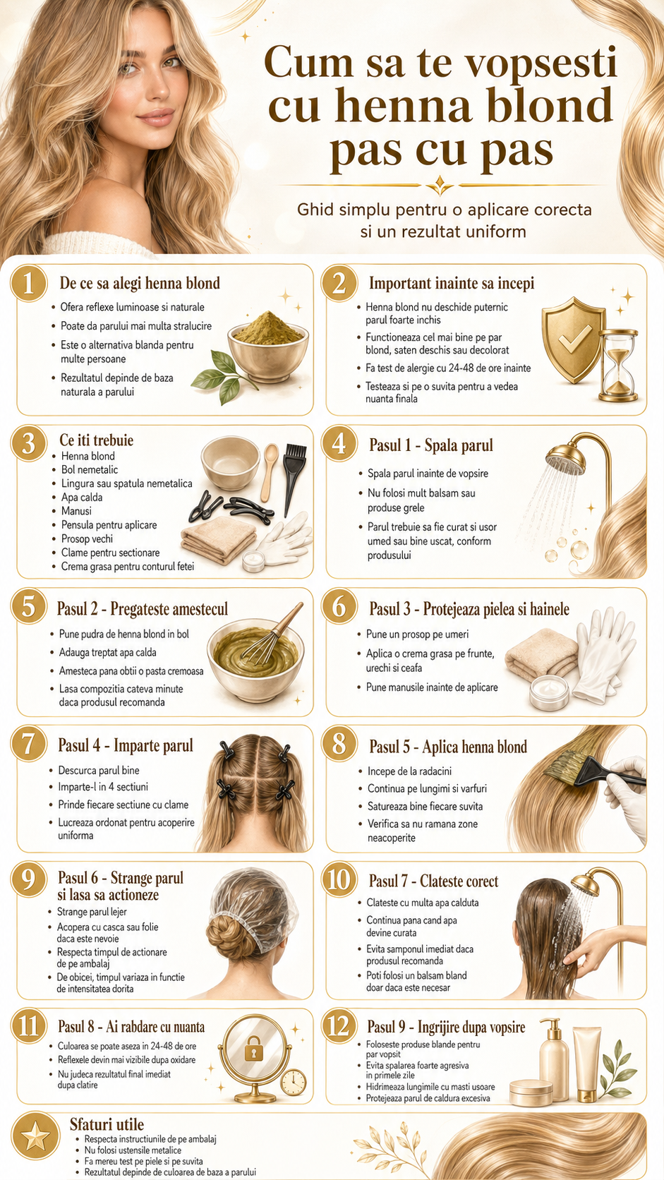 infografic cum sa te vopsesti cu henna blond
