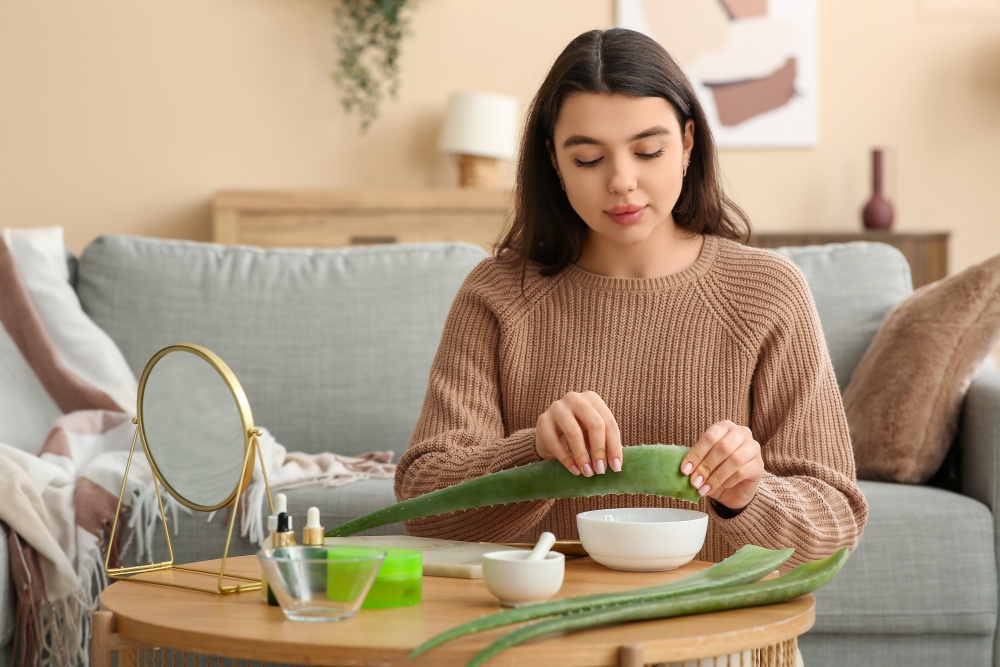 O femeie foloseste mai multe ingrediente naturale pentru a crea o crema de fata pe baza de aloe vera si colagen.