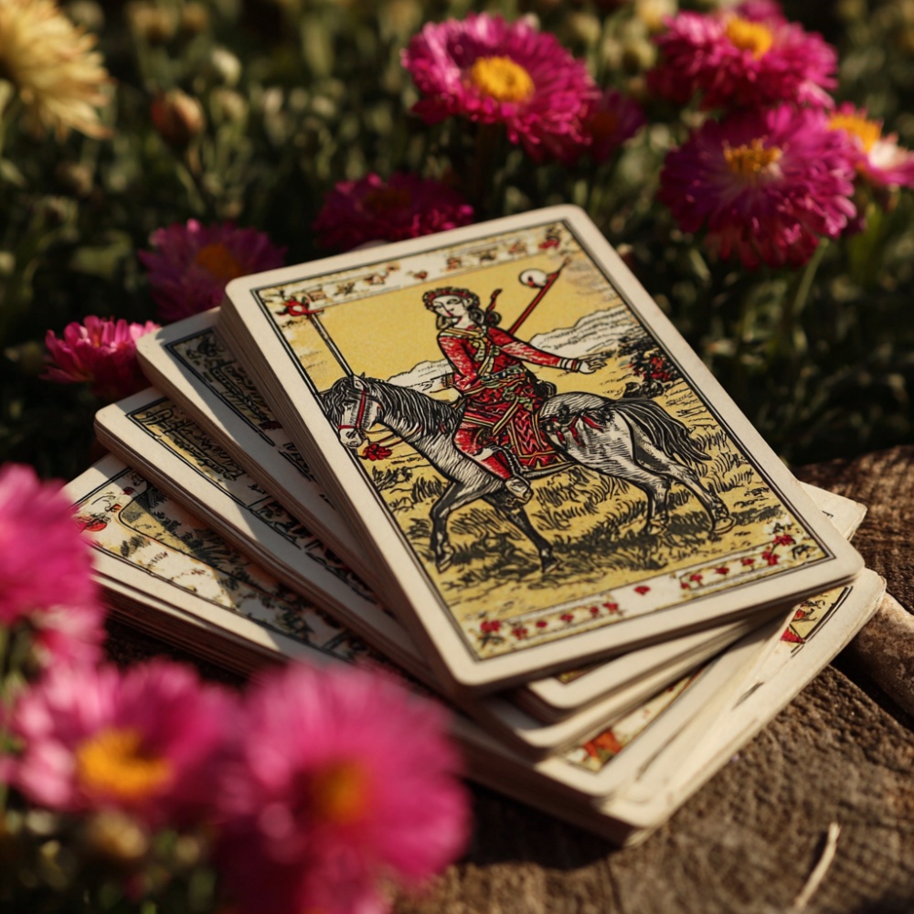 Un set de carti de Tarot langa flori imprastiate pe o masa