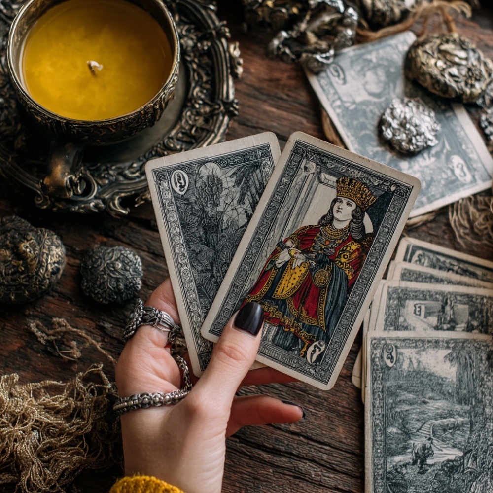 Mana unei femei tine doua carti de Tarot deasupra unei mese pe care se afla lumanri si obiecte de decor.