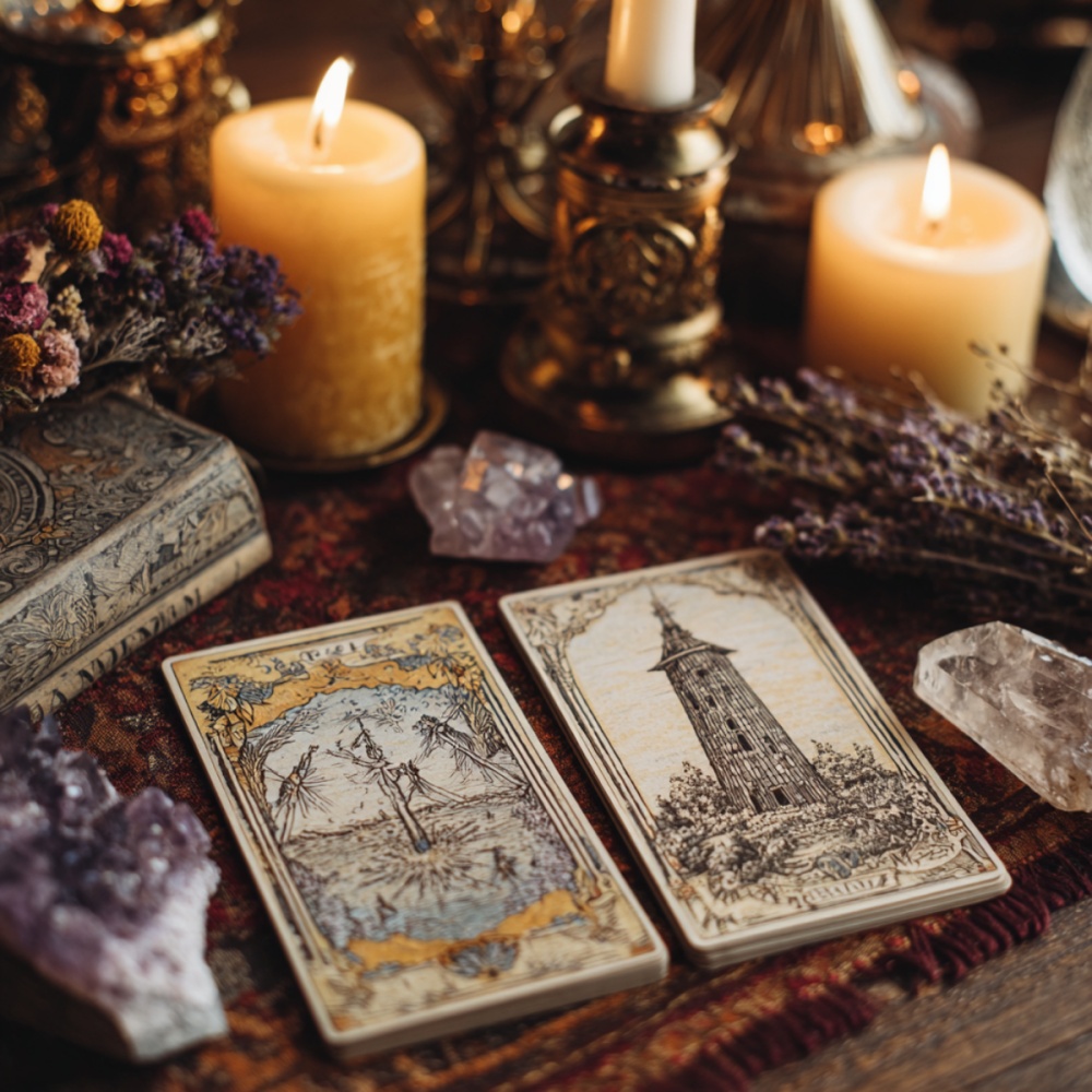 Doua carti de Tarot pe o masa pe care se afla lumanari aprinse, flori uscate si cristale