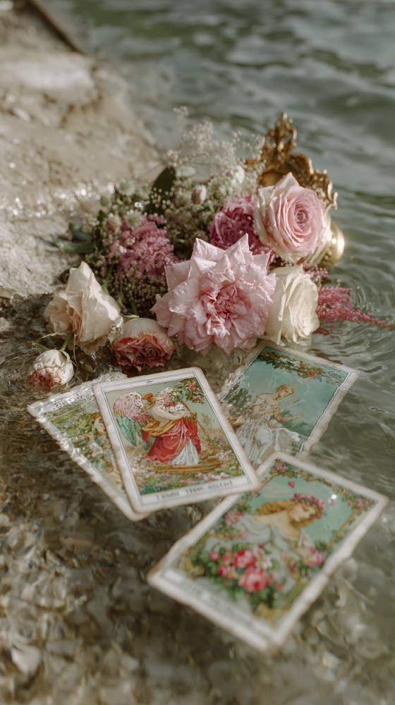 Carti de Tarot ce plutesc deasupra apei, inconjurate de flori.