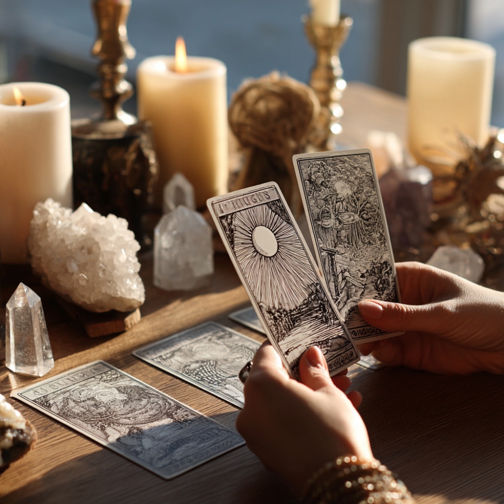 Mainile unei femei tin doua carti de Tarot. Pe masa se afla late carti de Tarot, lumanari si cristale iar lumina este calda, solara.