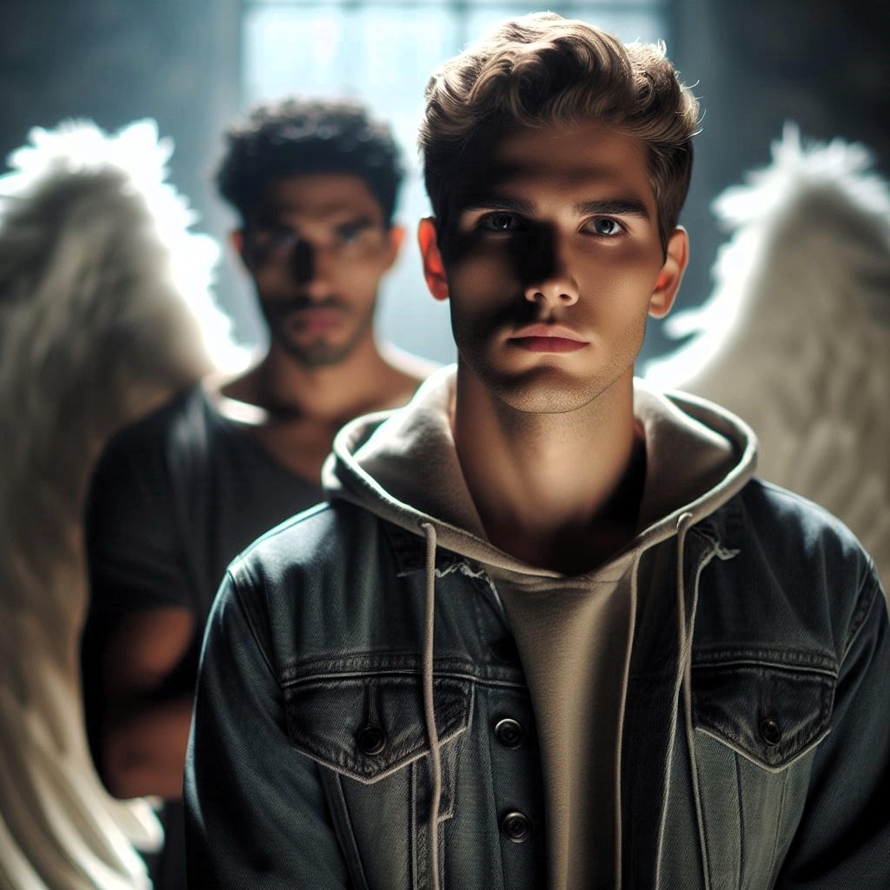 barbat cu ingerul lui pazitor