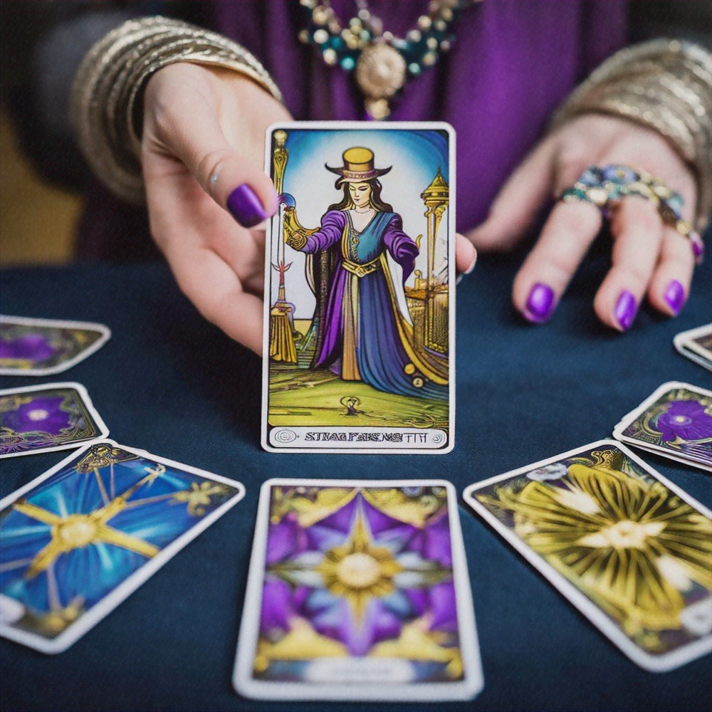 Mana unei femei care tine o carte de Tarot. Pe masa se afla alte carti de Tarot intoarse cu fata in jos.