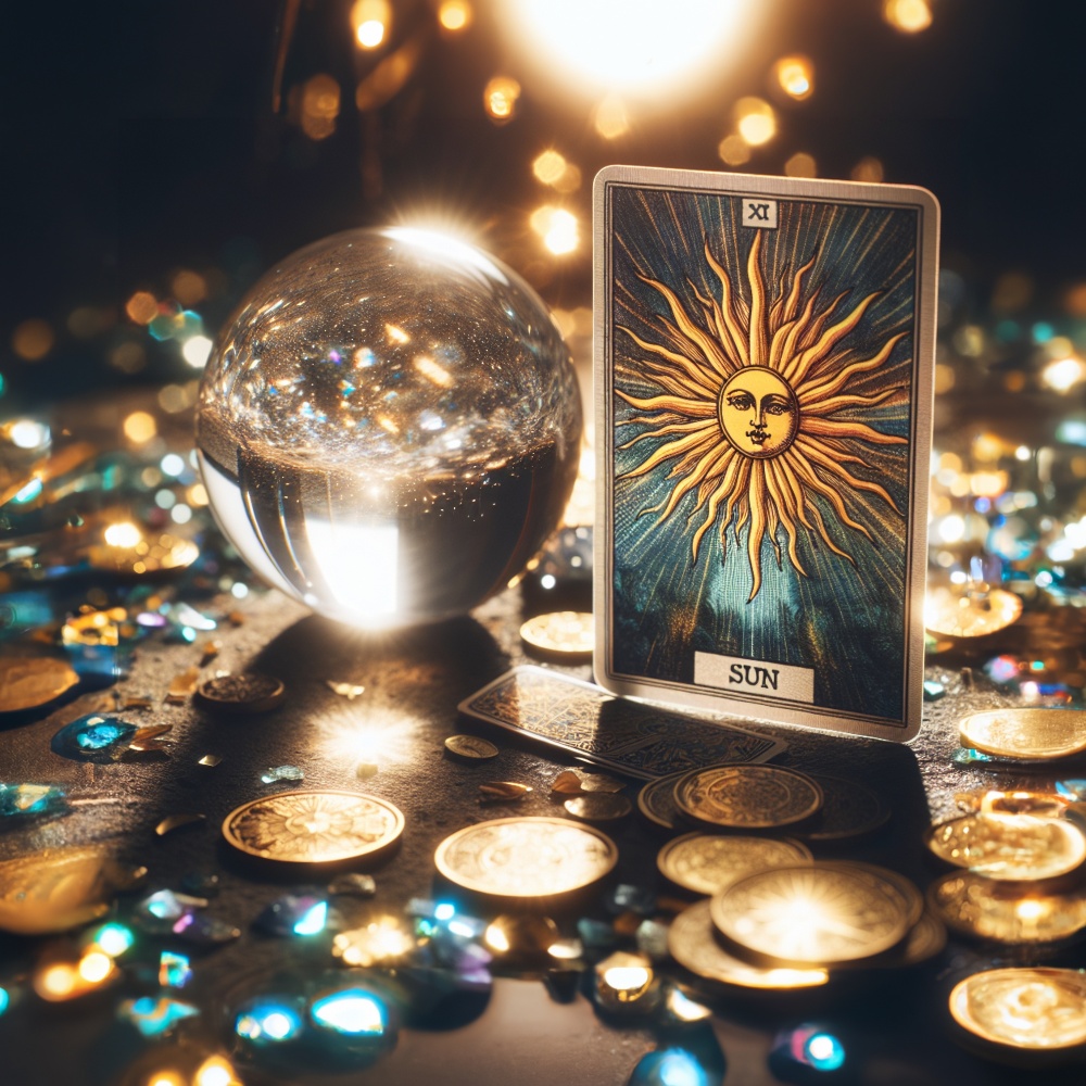 O masa pe care se afla o sfera de cristal, cartea Soarele din Tarot si mai multe cristale