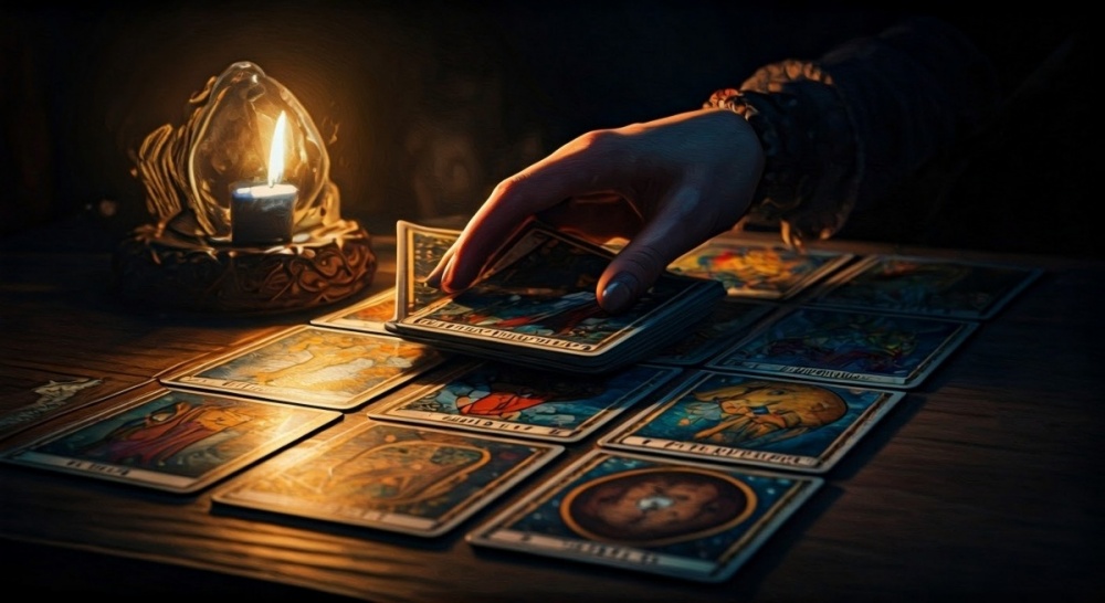 Mana unei persoane care etaleaza pe o masa mai multe carti de Tarot