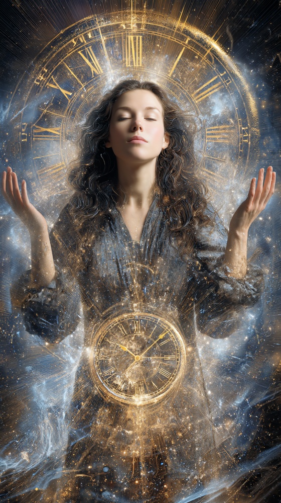 O femeie sta intre doua cadrane de ceas, in stare contemplativa/meditativa