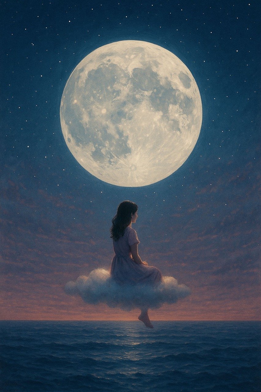 Femeia născută luni, guvernată de lună. O femeie pe un nor privind luna plină pe cerul nopții