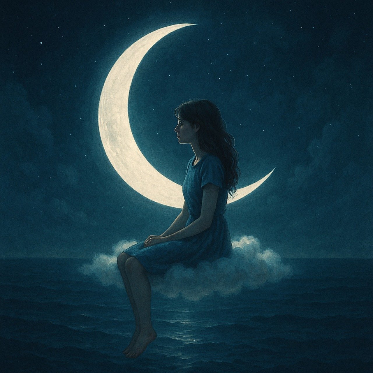Femeia născută luni, guvernată de lună. O femeie pe un nor privind luna pe cerul nopții