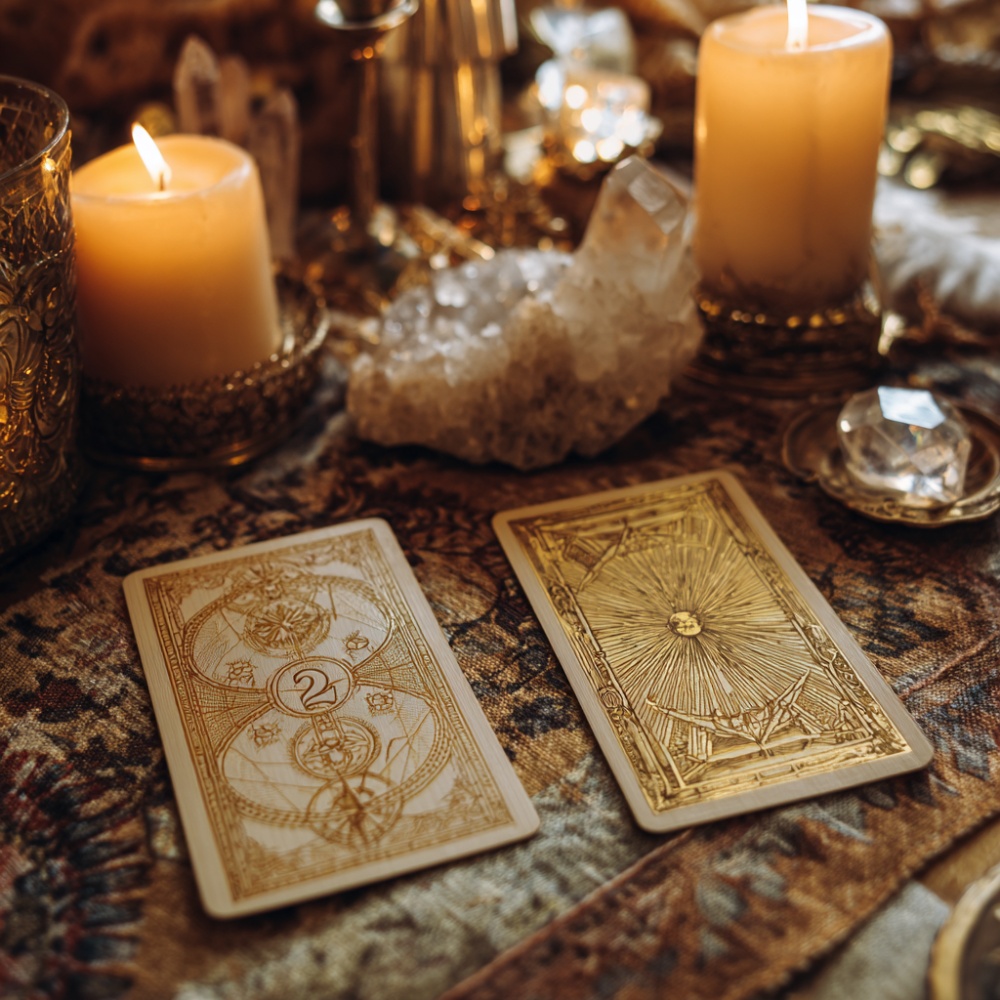 O masa pe care se afla doua carti de Tarot, lumanari albe mari si cristale. Lumina calda.