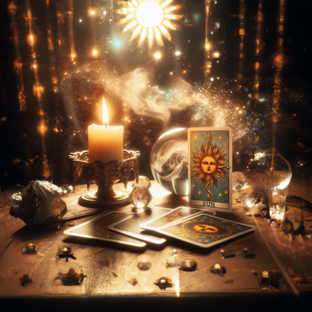 O masa pe care se afla carti de Tarot, o sfera de cristal langa cartea Soarele din Tarot