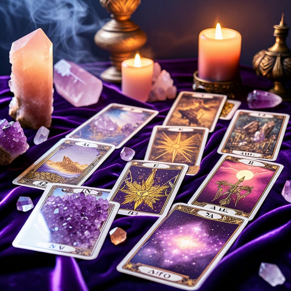 O masa pe care se afla mai multe carti de Tarot, cristale si lumanari. Atmosfera mistica.