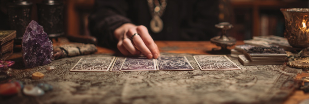 Mana unei femei pe o masa, deasupra unor carti de Tarot. pe masa se mai afla un cristal de ametist si lumanari