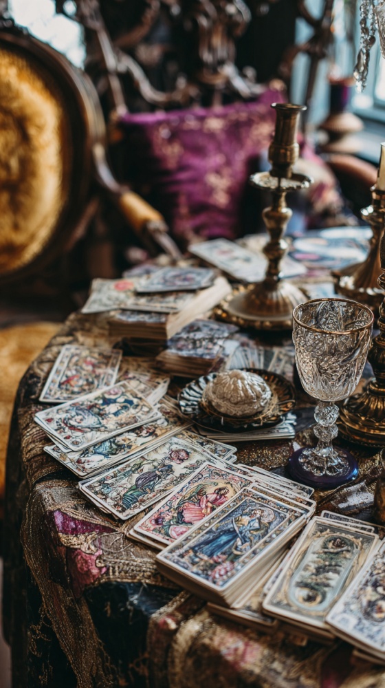 O masa pe care se afla carti de Tarot si lumanari intr-o atmosfera boema