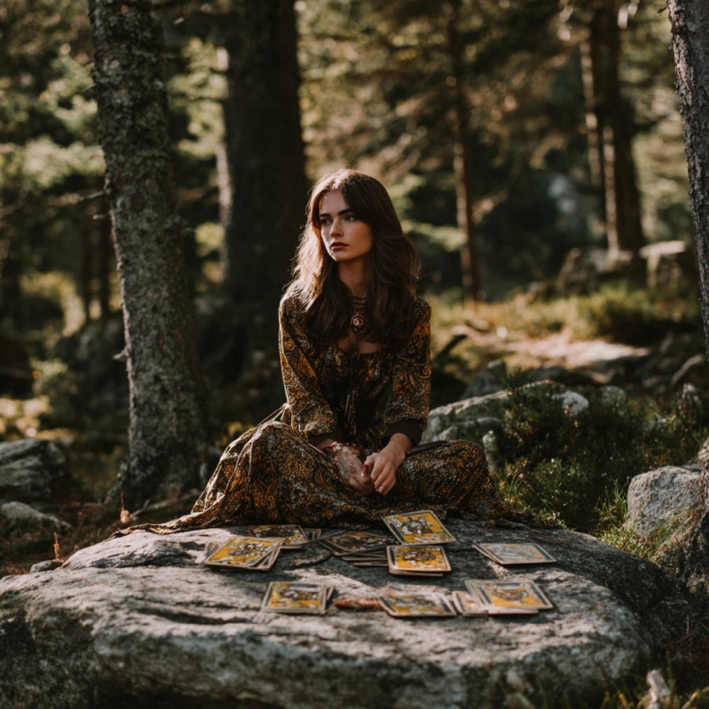 O femeie in padure citeste carti de Tarot