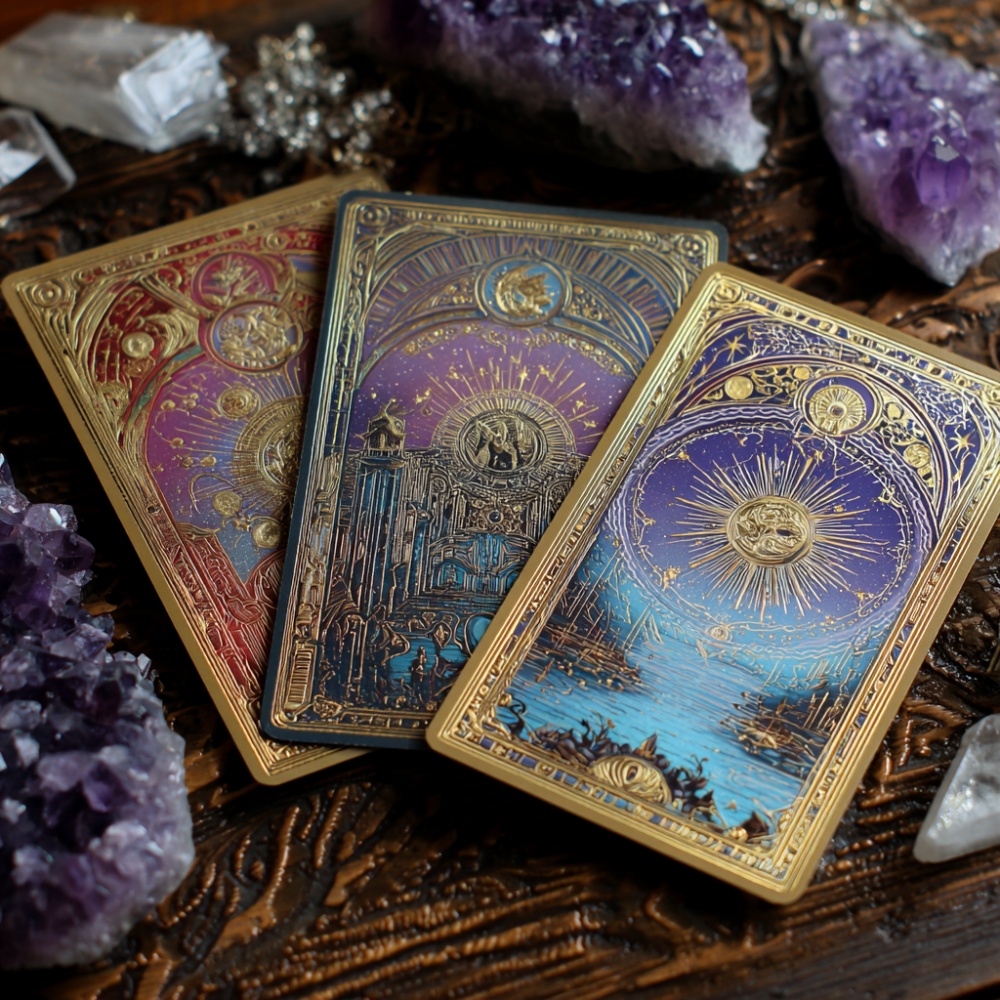 O masa pe care se afla 3 carti de Tarot incinjurate de cristale de ametist
