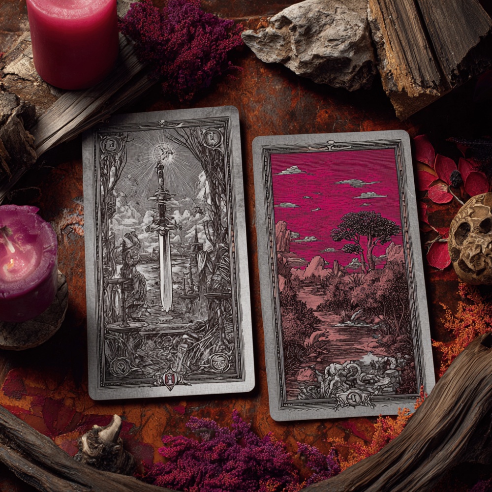 Doua carti de Tarot pe o masa pe care se afla lumanari, o bucata de lemn si pietre