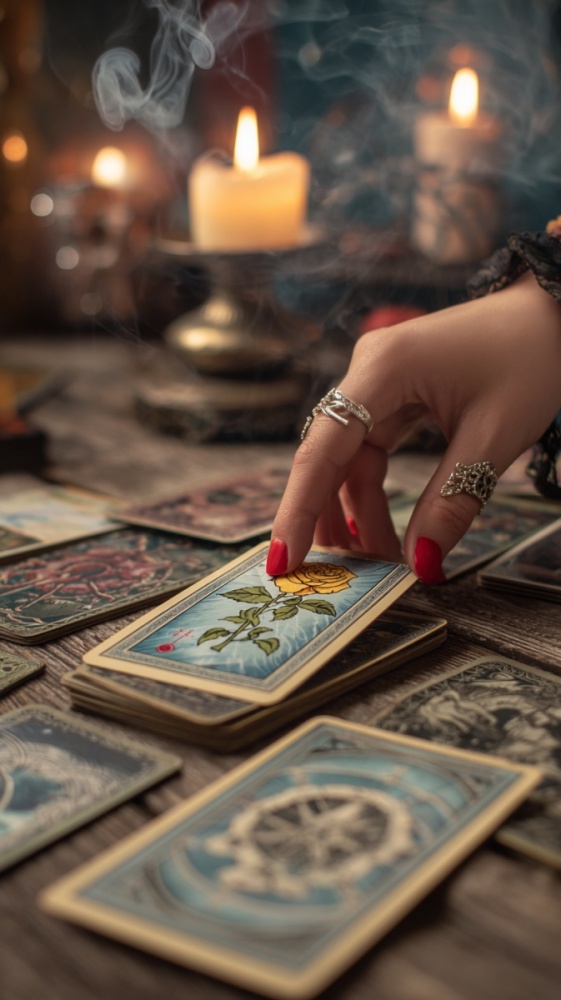 Mana unei femei asaza o carte de Tarot pe o masa, unde se mai afla mai multe carti