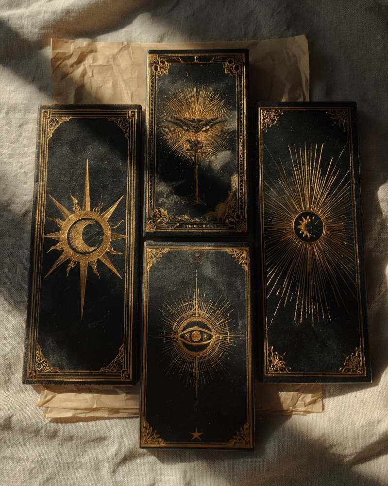 Patru carti de tarot asezate cu fata in jos pe o panza deschisa la culoare