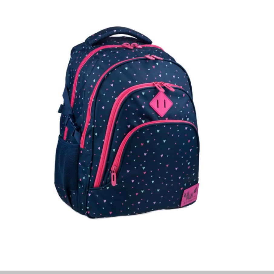 Ghiozdan de calitate cu spate buretat Head Sweetheart Hash. Are imprimeu delicat tip inimi albastre și roz. 