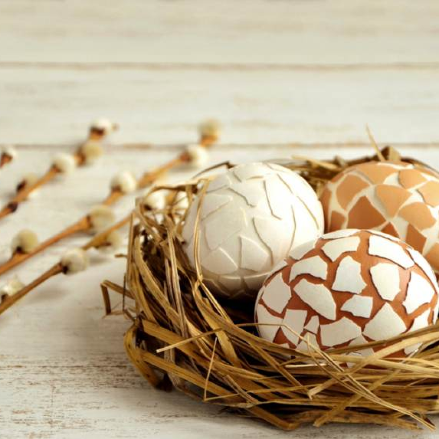 Cuibul cu oua decorate cu coji de oua (prin lipirea bucatilor de coji sparte)