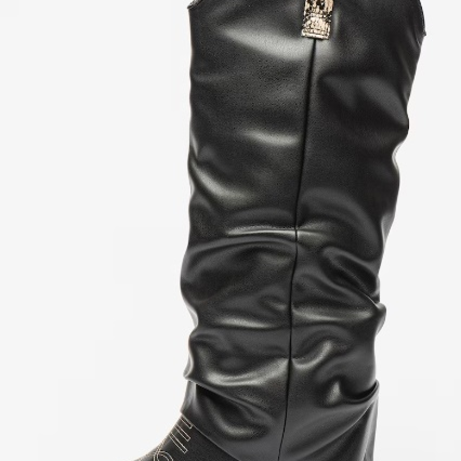 Cizme lungi cowboy cu imprimeu bej și tocul parțial acoperit de material drapat moale, din piele ecologică 