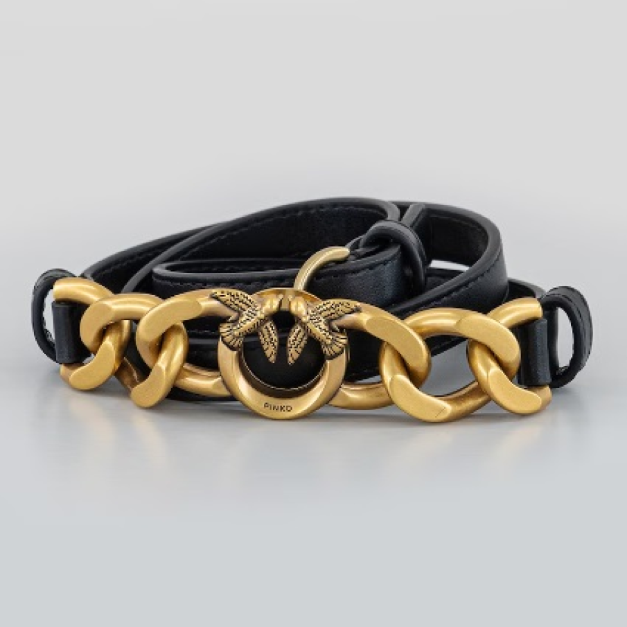 Curea din piele Pinko cu lanț auriu cu logo și cataramă metalică 