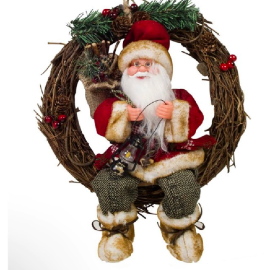 Coroniță decorativă pentru ușa cu model Moș Crăciun din lemn,34 cm