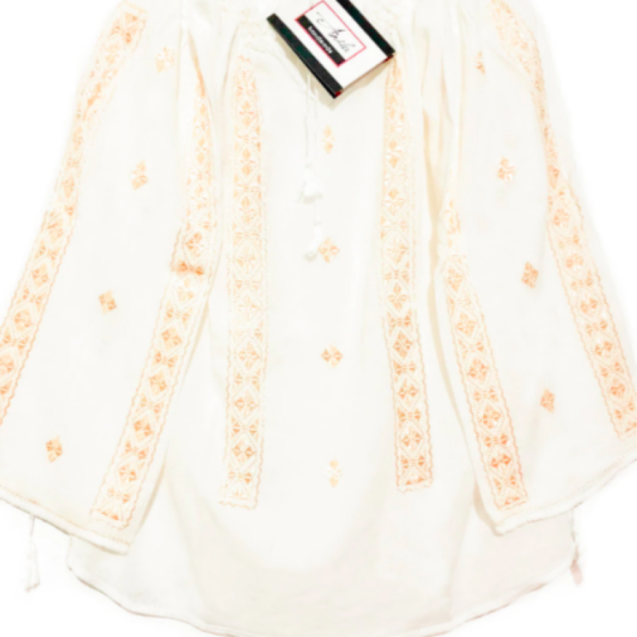 Ie tradițională românească brodată manual ANILU, motivul Aur, mătase, alb auriu