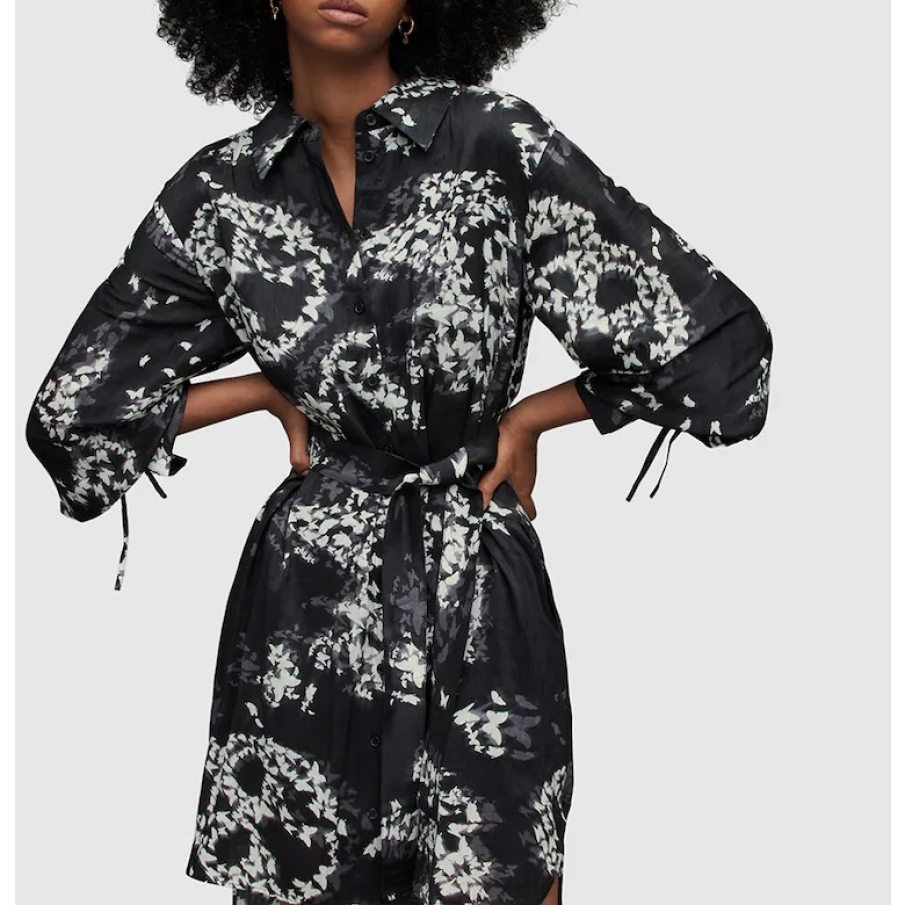Rochie-cămașă neagră de la AllSaints, din amestec de în și mătase, asimetrică, cu imprimeu alb abstract