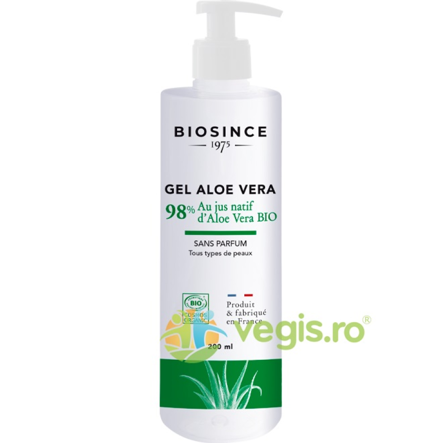 Gel cu Aloe Vera 98% Bio 200ml BIOSINCE. Lasă pielea calmată și hidratată și poate fi folosită în diverse situații (după soare, îngrijirea fetei, conturul ochilor, mască de păr).