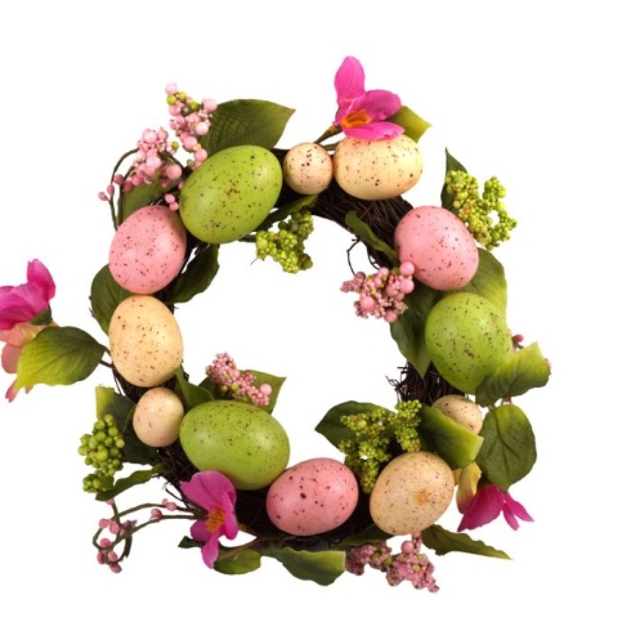 Coroniță de Paște cu frunze, ouă de diverse culori și flori decorative. Se prinde foarte ușor pe ușă cu ajutorul unei agățătoare.