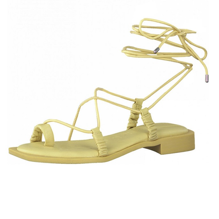Sandale Tamaris, cu talpă joasă, confecționate din piele și piele ecologică. Au o frumoasă și blândă nuanță de galben pai sau galben pastel. 