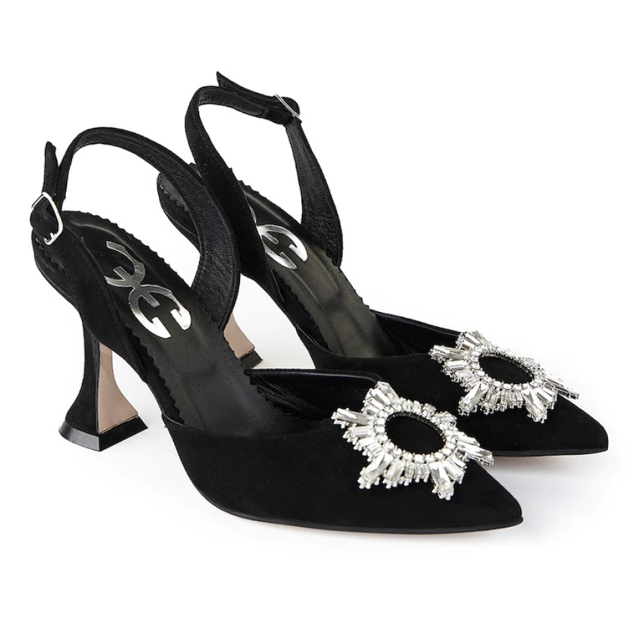 Pantofi Essteffa din piele întoarsă neagră, cu un detaliu statement aplicat frontal, realizat din ștrasuri strălucitoare