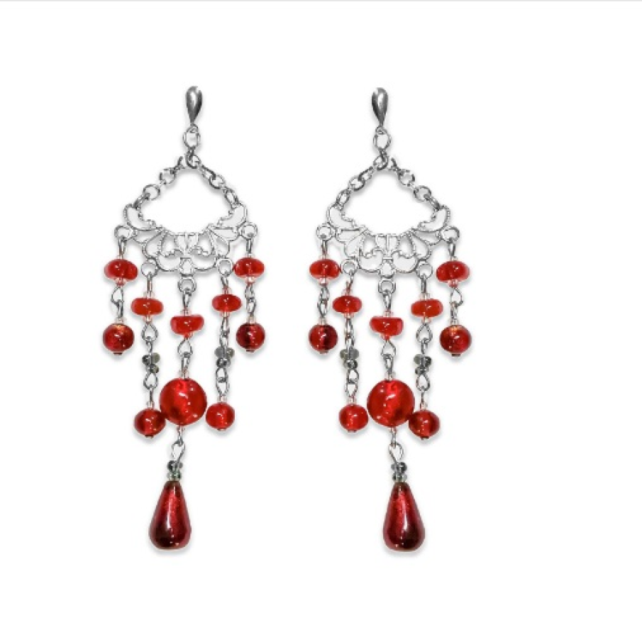 Cercei Luna în stil candelabru de la Millefiori, decorați cu pietre roșii din sticlă de Murano