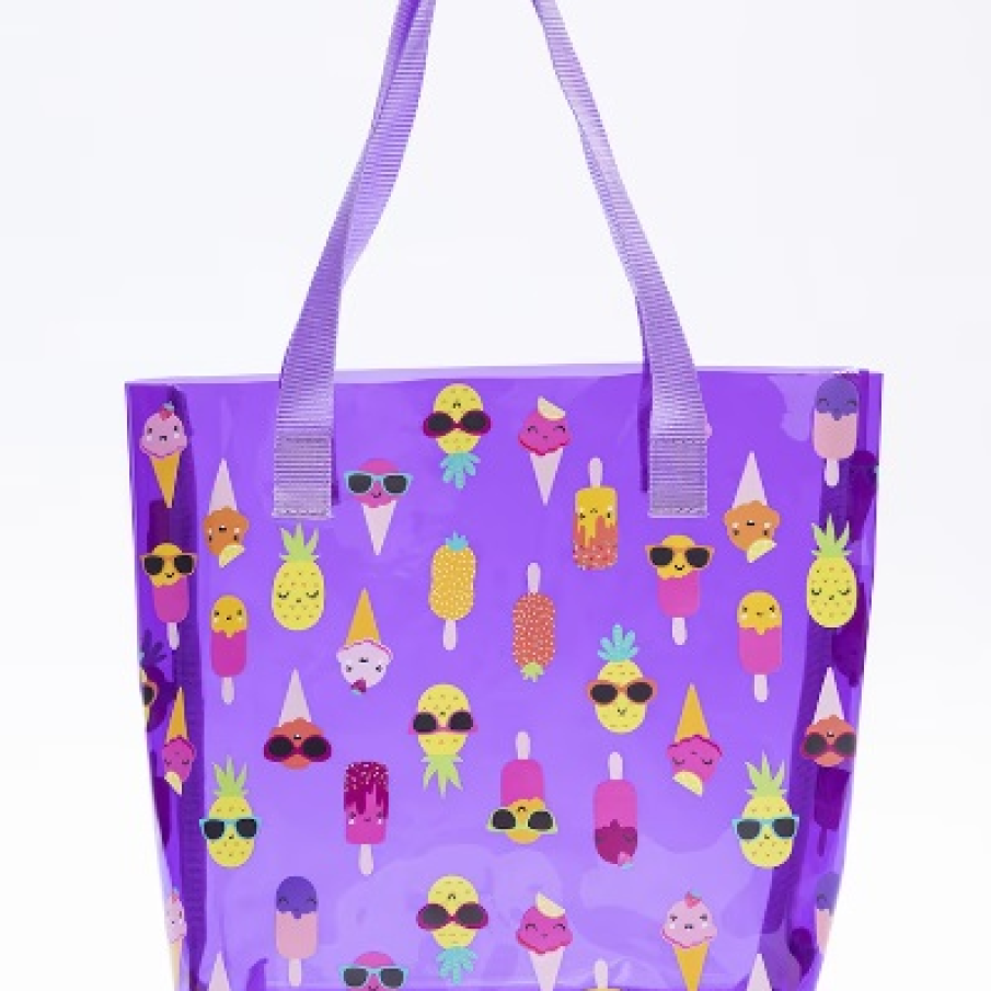 Geantă tote de plajă, semitransparentă, cu imprimeuri vesele și cool, ce amintesc de distracția și relaxarea din timpul verii